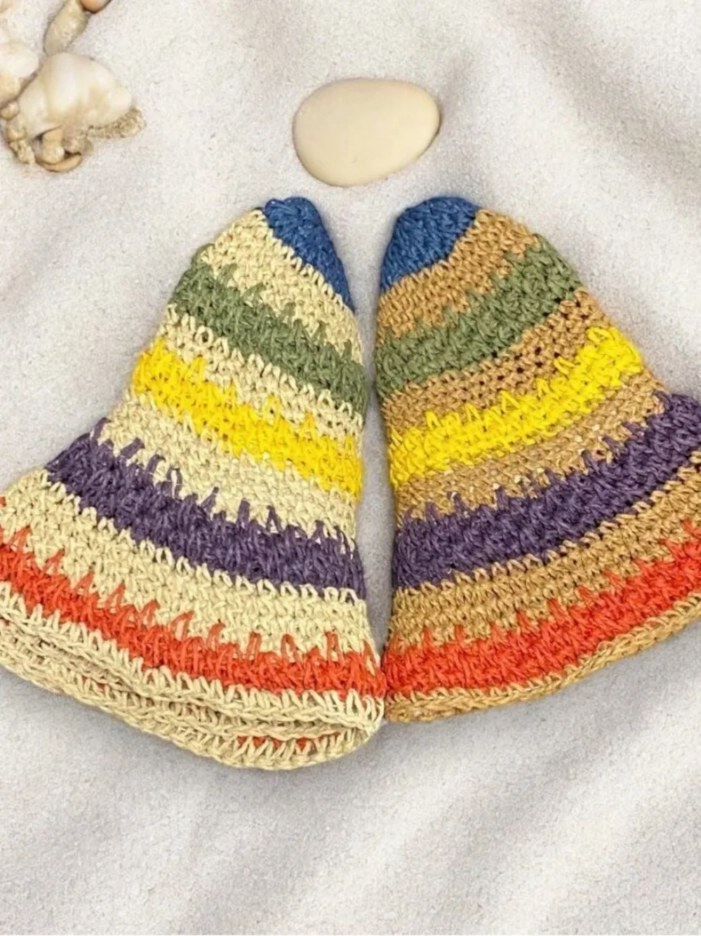 Crochet Straw Bucket Hat Colorful Striped Wide Brim Beach Sun Hat Packable NWT